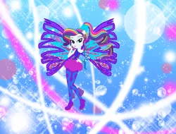 Size: 1168x888 | Tagged: safe, artist:selenaede, artist:user15432, derpibooru import, rarity, fairy, human, equestria girls, alternate hairstyle, barely eqg related, base used, bubble, clothes, colored wings, crossover, fairy wings, fairyized, fins, flower, flower in hair, gradient wings, hairstyle, hand on hip, image, long hair, png, ponied up, ponytail, purple wings, rainbow s.r.l, shoes, sirenix, sparkly background, wings, winx, winx club, winxified