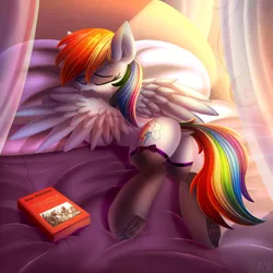 Size: 5000x5000 | Tagged: safe, artist:atlas-66, derpibooru import, rainbow dash, pegasus, bed, book, butt, clothes, cute, day, eyes closed, female, grooming, image, lying down, png, preening, prone, socks, stockings, thigh highs, wings
