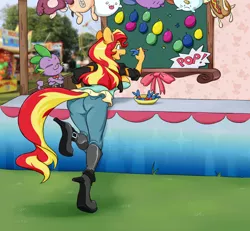 Size: 1254x1158 | Tagged: safe, alternate version, artist:mae, derpibooru import, spike, sunset shimmer, anthro, dragon, unicorn, ass, balloon, balloon popping, breasts, butt, carnival, carnival game, clothes, cute, heeled boots, image, jacket, jeans, jpeg, leather jacket, pants, popping, skirt, stuffed animals