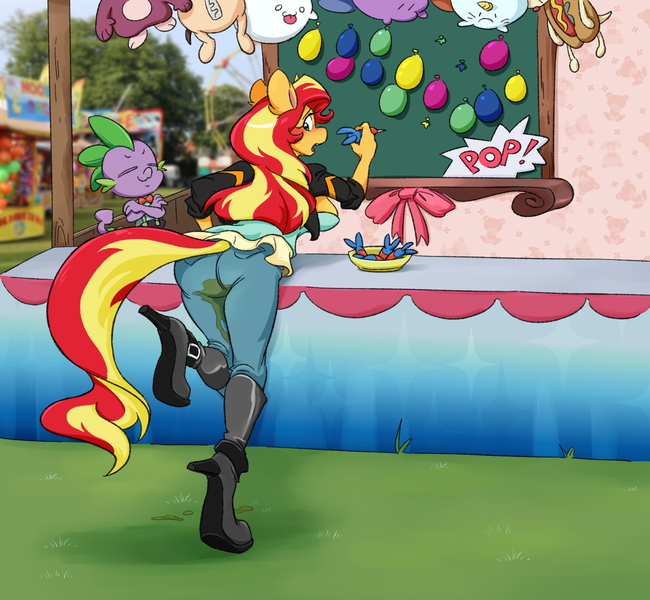 Size: 1254x1158 | Tagged: questionable, alternate version, artist:mae, derpibooru import, spike, sunset shimmer, anthro, dragon, unicorn, accident, ass, balloon, balloon popping, breasts, butt, carnival, carnival game, clothes, fetish, heeled boots, image, jacket, jeans, jpeg, leather jacket, pants, pissing, popping, skirt, stuffed animals, urine, watersports, wetting