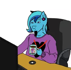 Size: 511x500 | Tagged: safe, artist:djmatinext, derpibooru import, editor:notxweeb, starlight glimmer, oc, oc:blue harmony, anthro, earth pony, human, badly drawn, base used, chair, clothes, coffee, computer, cup, cup holder, drawn on phone, ear piercing, humanized, image, keyboard, learning to draw, meme, pajamas, photo, piercing, png, solo, wojak