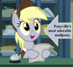 Size: 792x720 | Tagged: safe, derpibooru import, edit, edited screencap, screencap, derpy hooves, best gift ever, bell, caption arrow, cropped, cute, derpabetes, image, package, png, post office, text