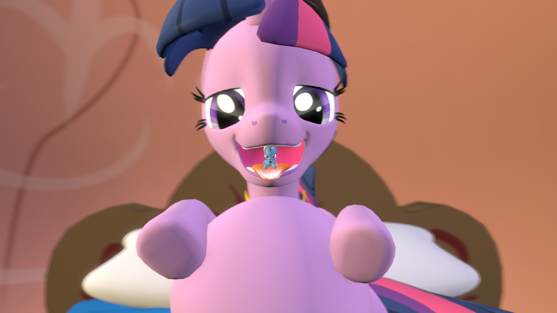 Size: 1280x720 | Tagged: questionable, artist:mrm, derpibooru import, trixie, twilight sparkle, twilight sparkle (alicorn), alicorn, pony, 3d, bed, belly, big belly, female, fetish, golden oaks library, image, library, micro, open mouth, oral vore, png, ponies eating ponies, source filmmaker, twipred, unwilling, vore
