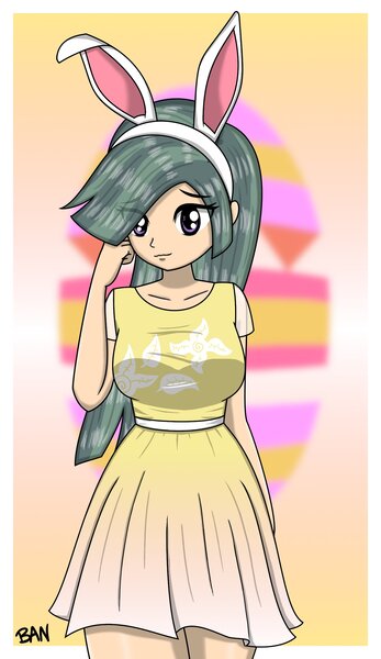 Size: 1450x2507 | Tagged: safe, artist:banquo0, derpibooru import, marble pie, human, breasts, bunny ears, busty marble pie, clothes, dress, humanized, image, jpeg, simple background, solo