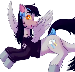 Size: 2000x1916 | Tagged: safe, artist:beth, derpibooru import, oc, oc:lightning dee, unofficial characters only, pegasus, pony, bow, bracelet, choker, clothes, colored sclera, derpibooru exclusive, fangs, female, flying, grooming, homestuck, hoodie, horns, image, open mouth, png, preening, raised hoof, simple background, spiked choker, spiked wristband, spread wings, tail bow, transparent background, wings, wristband