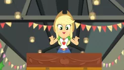 Size: 3410x1920 | Tagged: safe, derpibooru import, screencap, applejack, equestria girls, equestria girls series, holidays unwrapped, spoiler:eqg series (season 2), applejack's hat, belt, clothes, cowboy hat, cute, cutie mark, cutie mark on clothes, denim skirt, female, geode of super strength, hat, image, jackabetes, jewelry, jpeg, magical geodes, necklace, open mouth, skirt, solo, the cider louse fools
