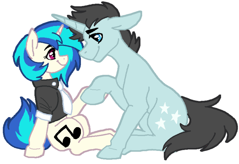 Size: 839x574 | Tagged: safe, artist:vodkamewtwoni, derpibooru import, neon lights, rising star, vinyl scratch, pony, unicorn, clothes, clothes swap, eye contact, female, image, looking at each other, male, mare, necktie, png, shipping, shirt, simple background, sitting, smiling, stallion, straight, vinylights, white background