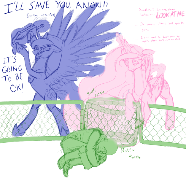Size: 2048x1961 | Tagged: safe, artist:nonamenymous, derpibooru import, princess celestia, princess luna, oc, oc:anon, alicorn, human, pony, fence, fetal position, image, insanity, nervous, overreaction, png, ridiculous, saw, scared, silly, silly pony, spooky, threatening, yandere