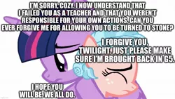 Size: 1280x720 | Tagged: artist needed, safe, derpibooru import, cozy glow, twilight sparkle, g5, a better ending for cozy, caption, forgiveness, hug, image, image macro, jpeg, love, op can't let go, redemption, simple background, text, white background