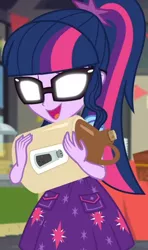Size: 1920x3233 | Tagged: safe, derpibooru import, screencap, sci-twi, twilight sparkle, equestria girls, equestria girls series, holidays unwrapped, spoiler:eqg series (season 2), animation error, anime glasses, bowtie, clothes, cropped, cutie mark, cutie mark on clothes, female, geode of telekinesis, glasses, image, jewelry, jpeg, magical geodes, necklace, ponytail, solo, the cider louse fools