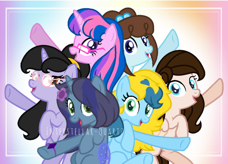 Size: 1210x869 | Tagged: safe, artist:interstellar-quartz, derpibooru import, oc, oc:brush prism, oc:cotton star, oc:diana paintbrush, oc:hsu amity, oc:prisma nocturnal, oc:savannah london, unofficial characters only, pegasus, pony, unicorn, female, glasses, image, mare, png