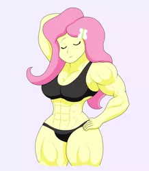 Size: 1674x1921 | Tagged: suggestive, artist:matchstickman, derpibooru import, fluttershy, equestria girls, abs, arm behind head, biceps, black swimsuit, bodybuilder, breasts, busty fluttershy, clothes, commission, deltoids, eyes closed, female, hand on hip, image, muscles, muscleshy, pecs, pink background, png, simple background, solo, solo female, swimsuit, thighs, thunder thighs