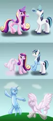 Size: 2400x5459 | Tagged: safe, artist:bladedragoon7575, derpibooru import, princess cadance, shining armor, alicorn, pony, unicorn, bubble, bubble pony, comic, duo, female, floating, image, magic, male, mare, png, potion, stallion, telekinesis, transformation