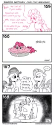 Size: 1320x3035 | Tagged: safe, artist:pony-berserker, derpibooru import, fluttershy, pinkie pie, rainbow dash, earth pony, pegasus, pony, alternate hairstyle, crying, eyes closed, fluttershy is not amused, food, food transformation, image, imitation, literal, onomatopoeia, pie, pinkie pie (form), png, rise against, singing, sleeping, song reference, sound effects, unamused, zzz