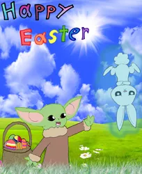 Size: 2287x2800 | Tagged: safe, derpibooru import, angel bunny, baby yoda, crossover, easter, easter egg, grogu, happy easter, holiday, image, jpeg, star wars, the mandalorian