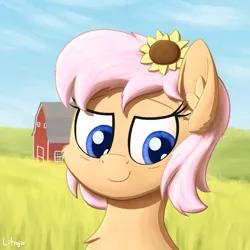 Size: 1250x1250 | Tagged: safe, artist:litrojia, derpibooru import, oc, oc:canned peaches, unofficial characters only, pony, barn, bust, commission, female, field, image, looking at you, mare, png, portrait, smiling, smiling at you, solo