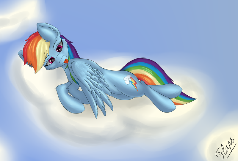 Size: 3400x2304 | Tagged: safe, artist:flapstune, derpibooru import, rainbow dash, pegasus, pony, cloud, cutie mark, female, fluffy, grooming, image, looking at wing, lying, lying down, lying on a cloud, mare, on a cloud, png, preening, signature, sky, solo, tongue out, wings