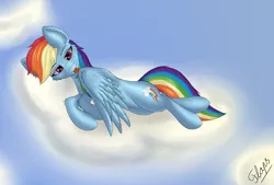 Size: 3400x2304 | Tagged: safe, artist:flapstune, derpibooru import, rainbow dash, pegasus, pony, cloud, cutie mark, female, fluffy, grooming, image, looking at wing, lying, lying down, lying on a cloud, mare, on a cloud, png, preening, signature, sky, solo, tongue out, wings