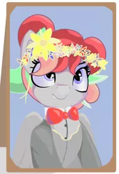 Size: 712x1041 | Tagged: safe, artist:coffeeponee, derpibooru import, oc, oc:coffea flower, unofficial characters only, pegasus, pony, bowtie, clothes, floral head wreath, flower, flower in hair, happy, image, lip bite, picture frame, png, portait, smiling, solo, suit, vest