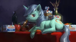 Size: 2924x1621 | Tagged: safe, artist:rhorse, lyra heartstrings, pony, unicorn, apple, bread, carrot, food, image, looking back, painting, png, smiling, still life, wine bottle, wonder bread