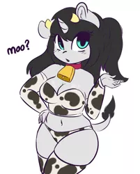 Size: 482x600 | Tagged: suggestive, artist:wickedsilly, derpibooru import, oc, oc:inkwell, anthro, unicorn, cow bell, cow costume, cowprint, image, moo, png