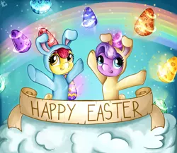 Size: 1280x1113 | Tagged: safe, artist:appleneedle, derpibooru import, apple bloom, diamond tiara, earth pony, pony, rabbit, adorabloom, animal, animal costume, art, bunny bloom, bunny costume, bunny ears, bunny tiara, character, clothes, costume, cute, diamondbetes, digital, draw, drawing, easter, easter egg, egg, fanart, female, filly, happy easter, holiday, image, jpeg, magic, paint, painting, rainbow, wish