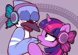 Size: 2491x1758 | Tagged: safe, artist:moozua, derpibooru import, twilight sparkle, bird, blue jay, unicorn, blushing, butterfly wings, crack shipping, crossover, crossover shipping, female, headphones, image, jpeg, looking at each other, male, mordecai, mordetwi, open mouth, regular show, shipping, straight, unicorn twilight, wings