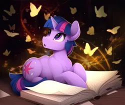 Size: 2500x2100 | Tagged: safe, artist:yakovlev-vad, derpibooru import, twilight sparkle, butterfly, insect, pony, unicorn, book, image, looking at each other, magic, magic book, open mouth, png, unicorn twilight