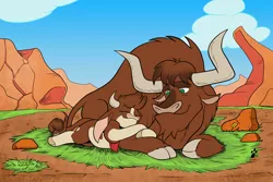 Size: 3024x2024 | Tagged: safe, artist:duragan, derpibooru import, arizona cow, bull, cow, them's fightin' herds, arizonadorable, community related, cute, father and child, father and daughter, female, grass, image, male, png, prairie, rock, snuggling, texas (tfh)