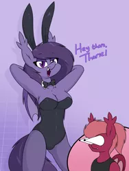 Size: 2030x2700 | Tagged: suggestive, artist:moonatik, derpibooru import, oc, oc:arlia, oc:thorium, unofficial characters only, anthro, bat pony, abstract background, arm behind head, bat pony oc, bat wings, booba, bowtie, breasts, bunny ears, bunny suit, clothes, dialogue, fangs, female, image, male, png, raised arm, tights, vest, wings