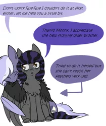 Size: 722x860 | Tagged: safe, artist:chezamoon18, derpibooru import, oc, oc:half moon, oc:rune riddle, unofficial characters only, pegasus, pony, april fools, april fools 2021, brother and sister, colt, dialogue, feather, female, filly, fluffy, grooming, half-siblings, image, male, nom, pegasus oc, png, preening, sibling bonding, siblings, sitting, two toned mane, two toned wings, unshorn fetlocks, wings