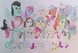 Size: 1080x735 | Tagged: safe, artist:mmy_little_drawings, derpibooru import, oc, unofficial characters only, alicorn, earth pony, pegasus, pony, unicorn, :d, :o, alicorn oc, earth pony oc, eyelashes, female, group, horn, image, jpeg, male, mare, one eye closed, open mouth, pegasus oc, raised hoof, sign, smiling, stallion, traditional art, two toned wings, unicorn oc, watermark, waving, wide eyes, wings, wink