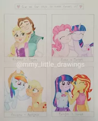 Size: 1073x1325 | Tagged: safe, artist:mmy_little_drawings, derpibooru import, applejack, pinkie pie, rainbow dash, sunset shimmer, twilight sparkle, twilight sparkle (alicorn), alicorn, earth pony, human, pony, equestria girls, accessory theft, anna, appledash, bust, clothes, crossover, eyes closed, female, four ships fanart, frozen (movie), hat, image, jpeg, lesbian, mare, one eye closed, shipping, side hug, smiling, sunsetsparkle, traditional art, twinkie, watermark, wink