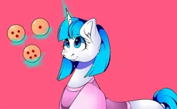 Size: 1080x667 | Tagged: safe, artist:tessa_key_, derpibooru import, ponified, pony, unicorn, bulma, clothes, crossover, dragon ball z, ear fluff, eyelashes, female, glowing horn, horn, image, jpeg, magic, mare, pink background, simple background, smiling, solo, telekinesis