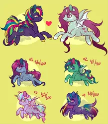 Size: 2000x2300 | Tagged: safe, artist:lavvythejackalope, derpibooru import, oc, unofficial characters only, bat pony, earth pony, pony, unicorn, base used, bat pony oc, bat wings, colored hooves, earth pony oc, freckles, horn, image, png, simple background, unicorn oc, unshorn fetlocks, wings, yellow background