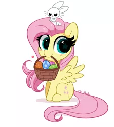 Size: 3691x4096 | Tagged: safe, artist:kittyrosie, derpibooru import, angel bunny, fluttershy, pegasus, pony, basket, blushing, bunny ears, cute, easter, egg, holiday, image, jpeg, looking at you, mouth hold, shyabetes, simple background, sitting, spread wings, white background, wings