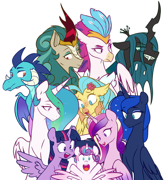 Size: 4841x5265 | Tagged: safe, artist:chub-wub, derpibooru import, princess cadance, princess celestia, princess ember, princess flurry heart, princess luna, princess skystar, queen chrysalis, queen novo, rain shine, twilight sparkle, twilight sparkle (alicorn), alicorn, changeling, changeling queen, dragon, hippogriff, kirin, pony, my little pony: the movie, alicorn pentarchy, baby, cute, female, flurrybetes, image, jpeg, mare, open mouth, royal sisters, siblings, simple background, sisters, white background