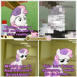 Size: 2289x2289 | Tagged: semi-grimdark, derpibooru import, editor:notxweeb, sweetie belle, pony, unicorn, caption, clueless, female, filly, image, image macro, meme, photo, png, solo, text, the backrooms, void