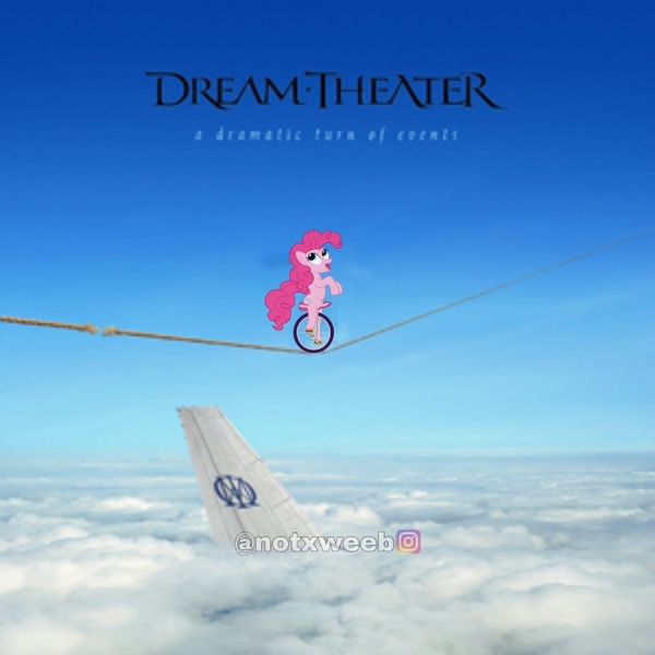 Size: 720x720 | Tagged: safe, derpibooru import, edit, editor:notxweeb, pinkie pie, ponified, pony, cloud, dream theater, image, jpeg, ponified album cover, sky, tight rope, unicycle