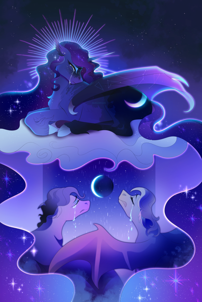 Size: 3018x4500 | Tagged: safe, artist:pumpkabooo, derpibooru import, princess luna, alicorn, bat pony, pony, cloud, crying, eyes closed, image, png, sad