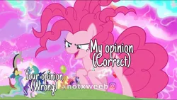 Size: 1280x720 | Tagged: safe, derpibooru import, edit, edited screencap, editor:notxweeb, screencap, applejack, discord, fluttershy, pinkie pie, princess celestia, princess luna, rainbow dash, rarity, spike, twilight sparkle, twilight sparkle (alicorn), alicorn, draconequus, earth pony, pegasus, pony, unicorn, the ending of the end, caption, chaos, chaos pinkie, female, giantess, image, image macro, jpeg, macro, mane seven, mane six, meme, obtrusive watermark, photo, text, wall of tags, watermark