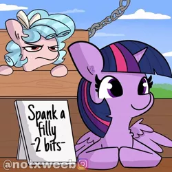 Size: 720x720 | Tagged: safe, artist:tjpones, derpibooru import, edit, editor:notxweeb, cozy glow, twilight sparkle, twilight sparkle (alicorn), alicorn, pegasus, pony, bow, caption, chains, cozy glow is not amused, female, filly, image, image macro, implied spanking, jpeg, mare, photo, sign, stocks, text, watermark