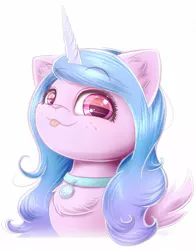 Size: 1155x1473 | Tagged: safe, artist:phoenixrk49, derpibooru import, izzy moonbow, cat, unicorn, :p, bust, catified, chest fluff, collar, cute, ear fluff, female, g5, horn, image, izzybetes, jpeg, looking at you, pet tag, portrait, simple background, solo, species swap, tongue out, white background