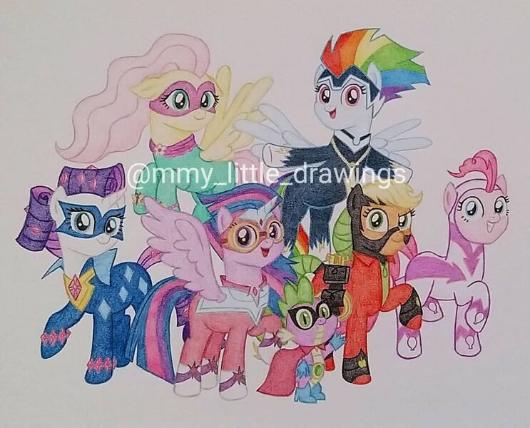 Size: 1080x872 | Tagged: safe, artist:mmy_little_drawings, derpibooru import, applejack, fili-second, fluttershy, humdrum, masked matter-horn, mistress marevelous, pinkie pie, radiance, rainbow dash, rarity, saddle rager, spike, twilight sparkle, twilight sparkle (alicorn), zapp, alicorn, dragon, earth pony, pegasus, pony, unicorn, clothes, costume, female, horn, image, jpeg, male, mane seven, mane six, mare, obtrusive watermark, power ponies, traditional art, watermark, wings