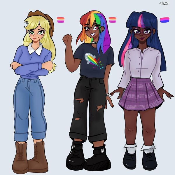 Size: 1080x1080 | Tagged: safe, artist:_denart, derpibooru import, applejack, rainbow dash, twilight sparkle, human, choker, clothes, crossed arms, dark skin, ear piercing, earring, eyelashes, female, fist pump, glasses, grin, hat, humanized, image, jewelry, jpeg, lipstick, pants, piercing, shoes, signature, simple background, skirt, smiling, spiked choker, torn clothes