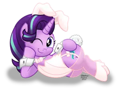 Size: 1600x1238 | Tagged: suggestive, artist:aleximusprime, derpibooru import, starlight glimmer, pony, unicorn, bunny suit, clothes, cuffs (clothes), easter, female, holiday, horn, image, lingerie, mare, one eye closed, png, simple background, solo, transparent background, wink