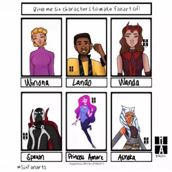 Size: 1080x1080 | Tagged: safe, artist:herbalist._.arts, derpibooru import, idw, princess amore, human, six fanarts, ahsoka tano, bust, choker, clothes, crossover, dark skin, female, garfield, humanized, image, jpeg, male, spawn, star wars, wanda maximoff, winona cauldron