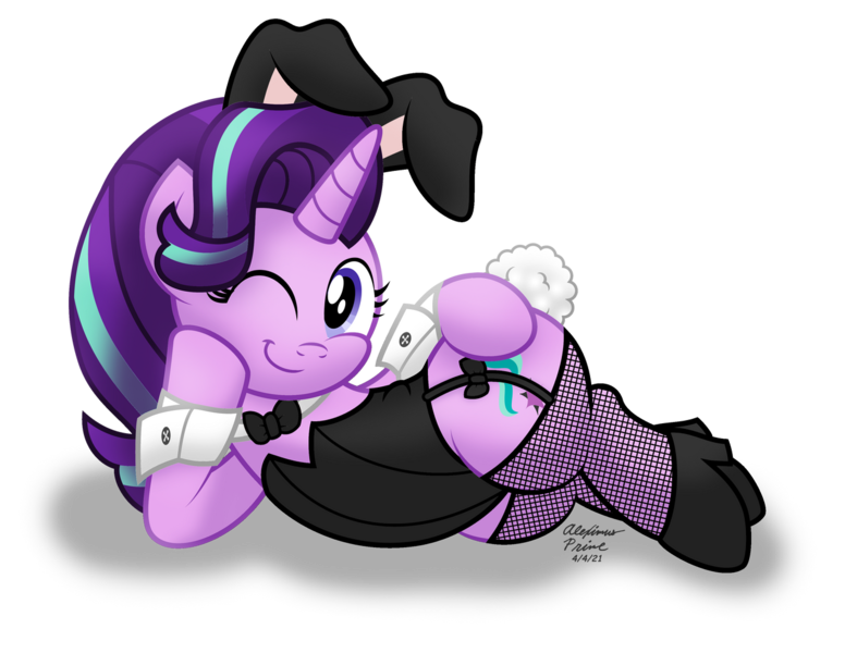 Size: 1280x990 | Tagged: suggestive, alternate version, artist:aleximusprime, derpibooru import, starlight glimmer, pony, unicorn, bunny suit, clothes, easter, holiday, image, lingerie, one eye closed, png, simple background, transparent background, wink