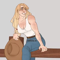 Size: 3000x3000 | Tagged: safe, artist:rdstartie, derpibooru import, applejack, human, alternate hairstyle, applejack's hat, belt, breasts, clothes, cowboy hat, female, fence, freckes, gray background, grin, hat, humanized, image, jeans, pants, png, simple background, smiling, solo, tanktop