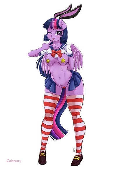 Size: 675x1000 | Tagged: questionable, alternate version, artist:pia-sama, derpibooru import, twilight sparkle, alicorn, anthro, adorasexy, adorkable, adorkasexy, breasts, bunny ears, busty twilight sparkle, clothes, cute, dork, female, image, jpeg, maebari, pasties, reverse bunny suit, sailor uniform, sexy, shoes, simple background, socks, solo, solo female, striped socks, thigh highs, twilight sparkle (alicorn), uniform, white background